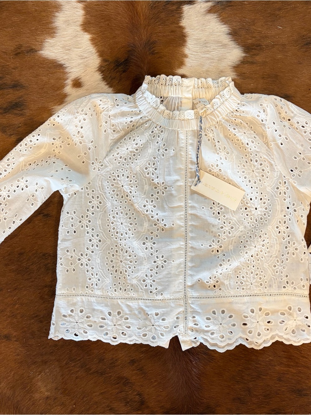 Women's White Eyelet Ruffle-Neck Blouse